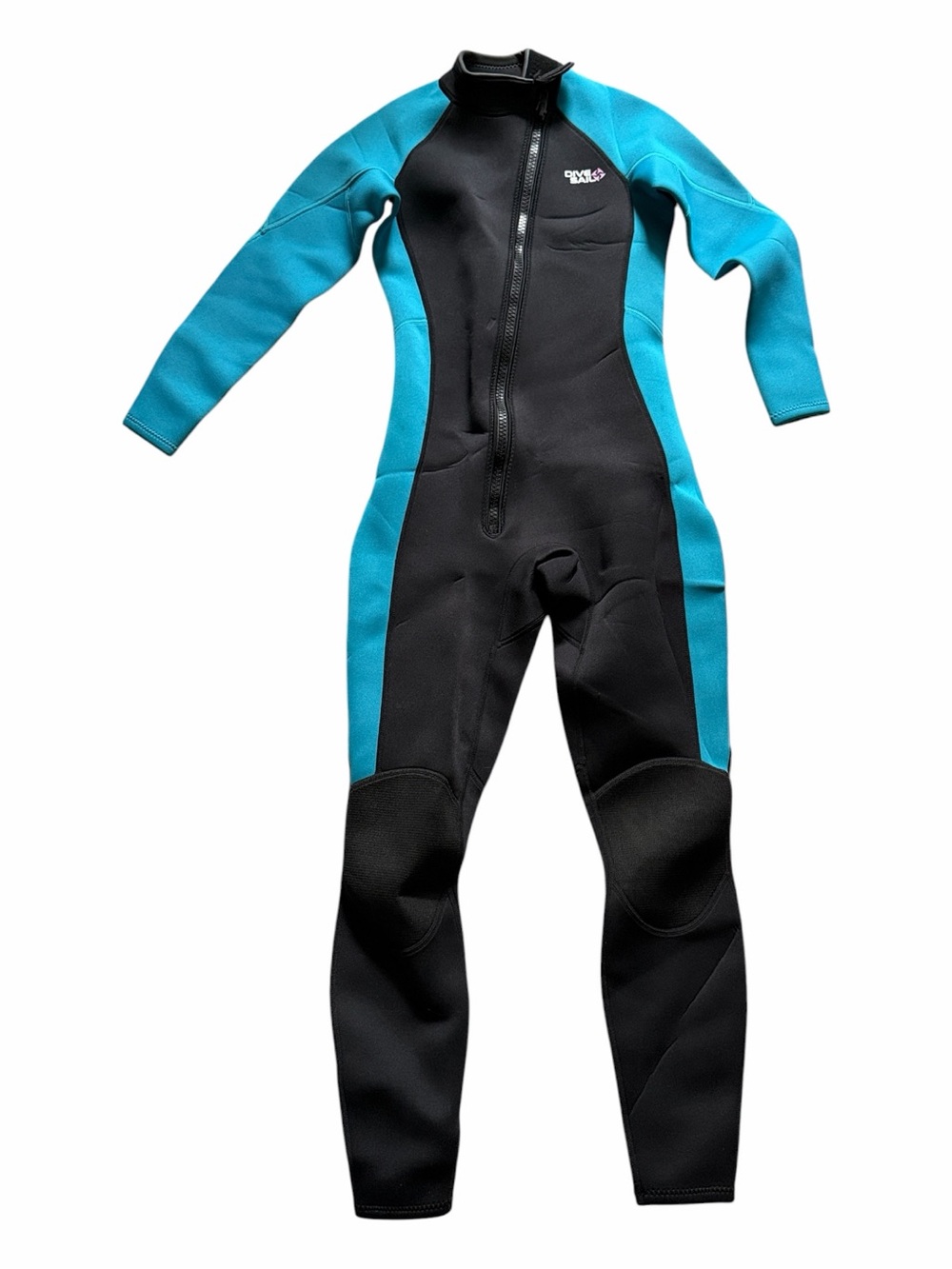 Women’s Front-Zip Swim Bodysuit in Black and Teal